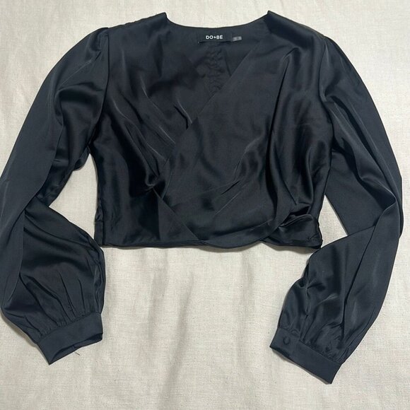 DO+BE Black Silk Cropped Top with Deep V-Neck and Button Details - Size Large - Picture 2 of 7